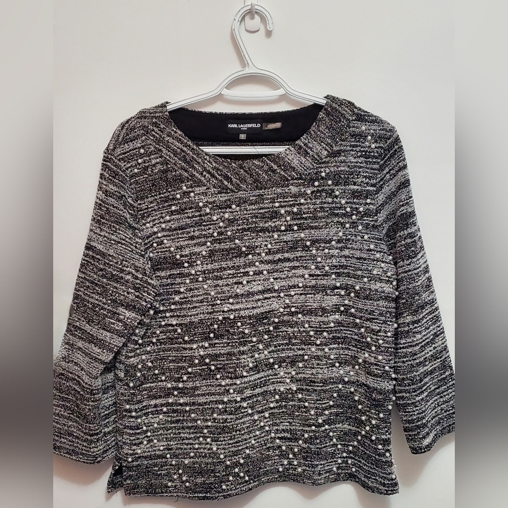Karl Lagerfeld Black & White Pearl-Embellished 3/4 Sleeve Top